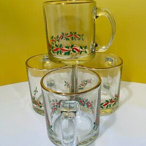 4 VNTG Libbey Holly Glass Mugs Gold Rims 1984 Arbys 3.75"h 3.25"diam Great Cond.